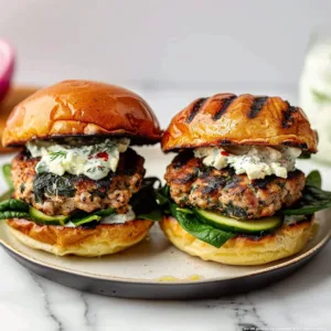 Feta spinach grilled turkey burgers on a plate garnished with greens