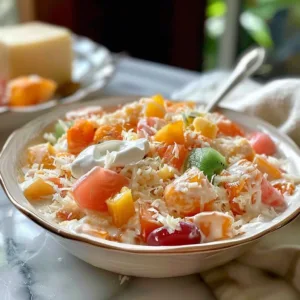 A colorful bowl of Filipino Fruit Salad with tropical fruits and creamy dressing.