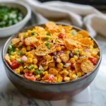 Delicious Frito Corn Salad garnished with fresh ingredients in a bowl.