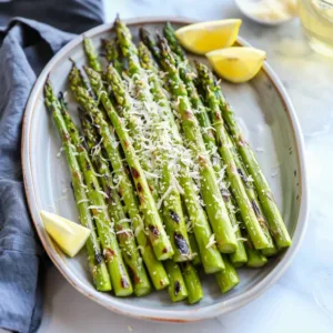 Grilled asparagus topped with melted Parmesan cheese on a plate