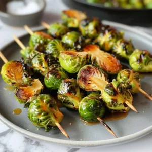 Grilled Brussels Sprouts drizzled with maple-mustard glaze on a plate