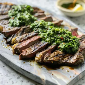 Juicy grilled flank steak served with herby-green sauce on a plate