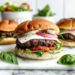 Grilled pizza burger topped with cheese, pepperoni, and fresh herbs on a grill