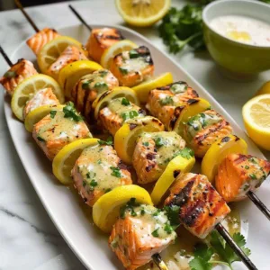 Grilled salmon kebab with curry yogurt sauce on a plate