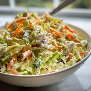 Bowl of high-protein creamy coleslaw with vegetables and dressing