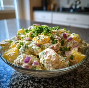 A bowl of high protein potato salad with colorful ingredients and fresh herbs.