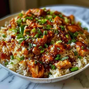 Honey BBQ Chicken Rice 3 Honey BBQ Chicken served over rice with a delicious glaze.