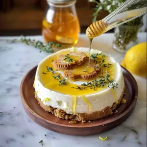 Honey Cheesecake with Honey - Thyme Drizzle 3 Creamy honey cheesecake with a honey-thyme drizzle on a plate