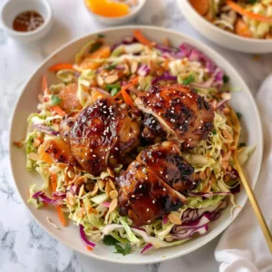 Hot Honey BBQ Chicken Thighs served with Citrus Slaw Salad