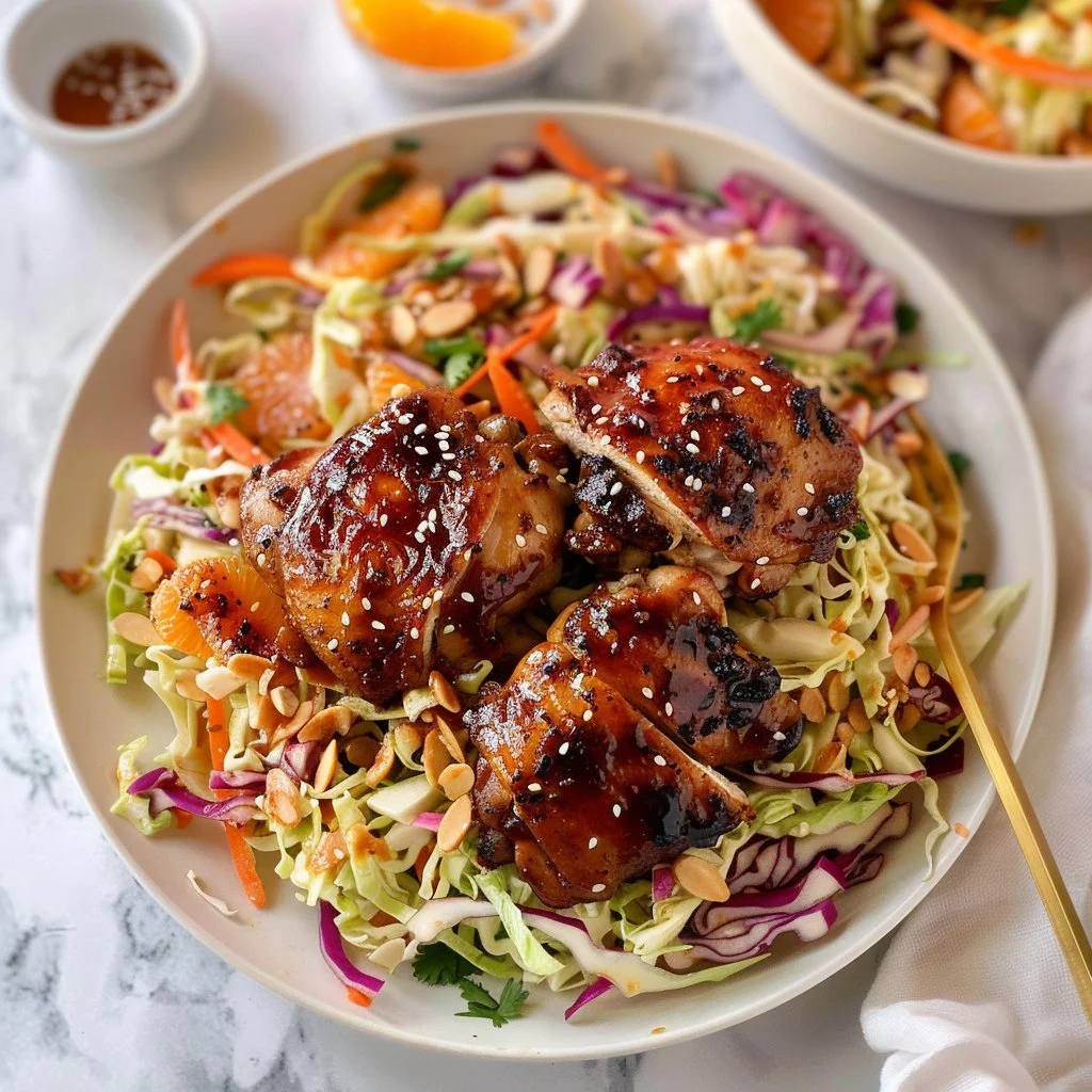 Hot Honey BBQ Chicken Thighs with Citrus Slaw Salad