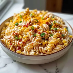 Creamy BBQ chicken pasta salad in a bowl, garnished with fresh herbs.
