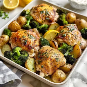 Delicious lemon garlic chicken served on a plate with herbs and lemon wedges.