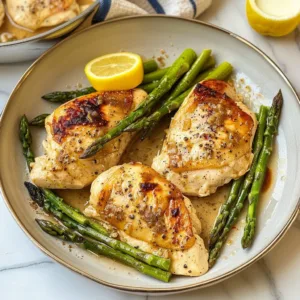 Lemon Garlic Chicken served with fresh asparagus on a plate