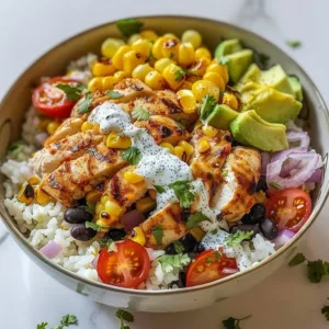 Delicious Mexican Street Corn Chicken Bowl with grilled chicken and spices