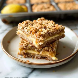 Oatmeal Lemon Crumble Bars 3 Oatmeal Lemon Crumble Bars with a zesty lemon topping on a wooden table.