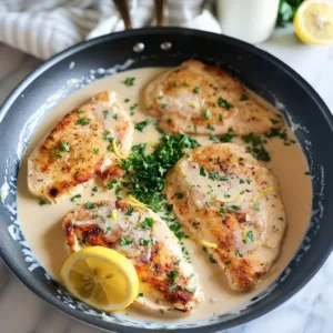 One pan creamy lemon chicken dish garnished with fresh herbs