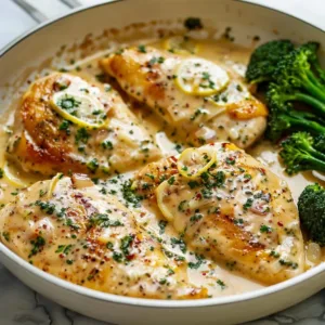 One Skillet Chicken with Lemon Garlic Cream Sauce served on a plate