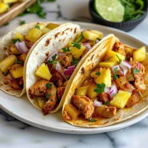 Delicious Pineapple Chicken Tacos topped with fresh ingredients