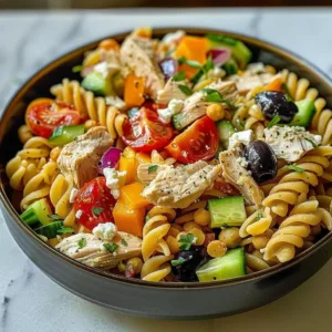 Protein-Packed Chicken Pasta Salad with fresh vegetables and dressing