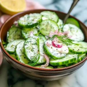 Delicious Polish cucumber salad with dill and creamy dressing served in a bowl