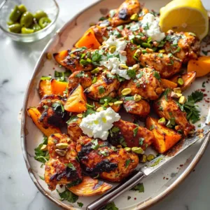 Spicy chicken with sweet potatoes and spicy goddess sauce on a plate.
