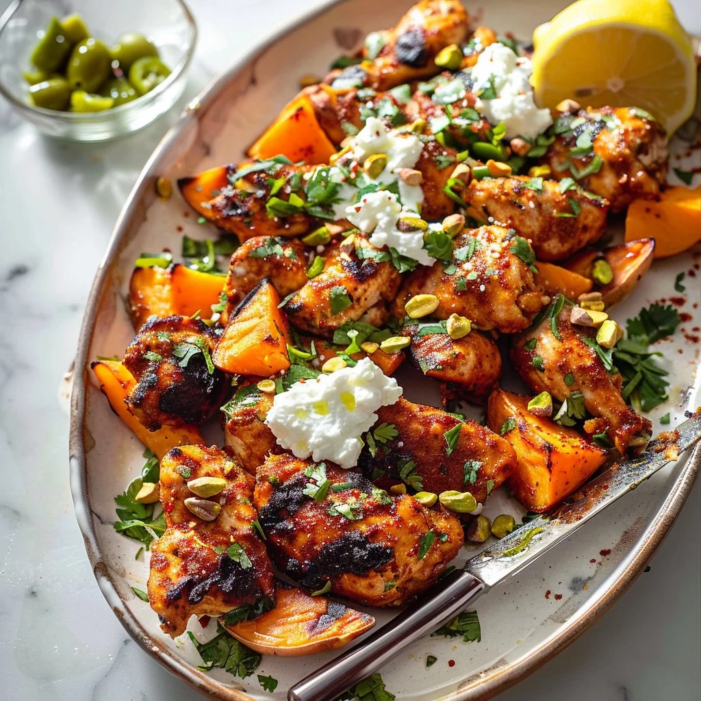 Spicy Chicken with Sweet Potatoes and Spicy Goddess Sauce
