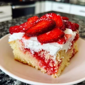 Delicious strawberry poke cake topped with fresh strawberries and whipped cream