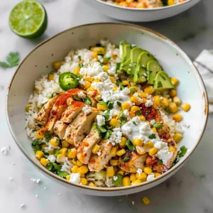 Delicious Street Corn Chicken Bowl topped with fresh ingredients and flavors
