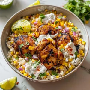 Delicious Street Corn Chicken Rice Bowl with vibrant toppings and flavors.