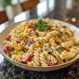 Street Corn Pasta Salad 2 Delicious street corn pasta salad topped with fresh ingredients and herbs.