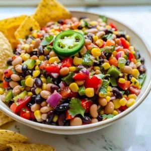 Delicious Texas Caviar served in a bowl with colorful vegetables and beans.