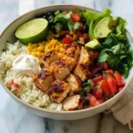 Delicious Air Fryer Chicken Burrito Bowl packed with fresh ingredients
