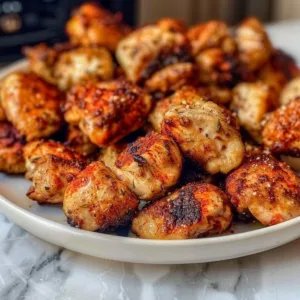 Plate of crispy air fryer boneless chicken bites garnished with herbs
