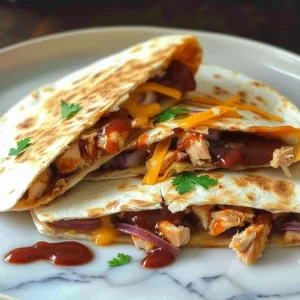 Barbecue chicken quesadilla with melted cheese and fresh toppings