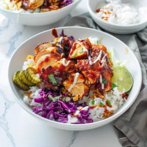 BBQ Chicken and Rice Bowls 3 BBQ chicken and rice bowl garnished with fresh vegetables