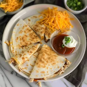 BBQ Chicken Quesadilla 3 Delicious BBQ Chicken Quesadilla served on a plate with fresh ingredients