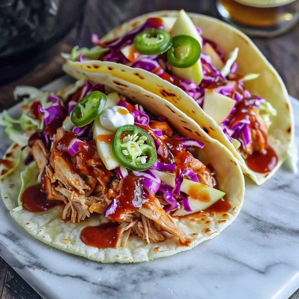 BBQ Pulled Chicken Tacos Recipe Easy Slow Cooker Dinner with Apple Jalapeño Slaw