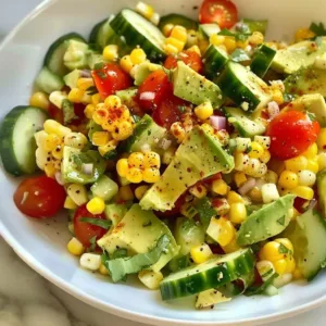 Corn Tomato Avocado Salad 3 Delicious Corn Tomato Avocado Salad with fresh ingredients in a bowl.