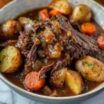 Delicious slow cooker pot roast with rich gravy served in a bowl
