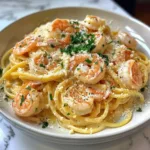 Creamy Garlic Parmesan Shrimp Pasta served in a bowl with garnishes