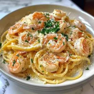 Creamy Garlic Parmesan Shrimp Pasta served in a bowl with garnishes