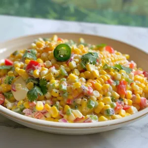 Creamy Spicy Summer Corn Salad Recipe 3 A bowl of creamy spicy summer corn salad garnished with fresh herbs.