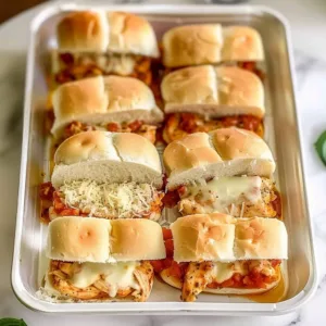 Crock Pot Chicken Parmesan Sliders 3 Crock Pot Chicken Parmesan Sliders topped with melted cheese and herbs