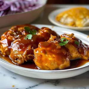 Crockpot BBQ Chicken 3 Slow-cooked Crockpot BBQ Chicken on a plate with sauce garnished