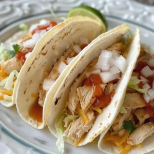 Crockpot Chicken Tacos 3 Crockpot chicken tacos served on a plate with toppings