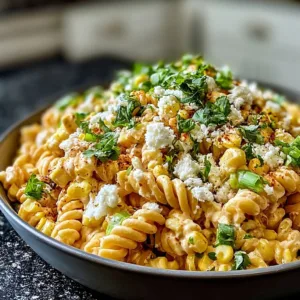 Bowl of Easy Mexican Street Corn Pasta Salad with fresh toppings
