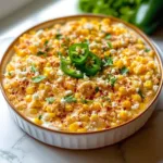 Bowl of Mexican street corn dip with toppings like cheese and cilantro