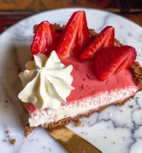 No-bake strawberry cheesecake topped with fresh strawberries.