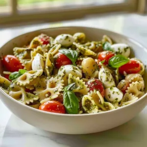 Pesto Caprese Pasta Salad 3 Pesto Caprese Pasta Salad with fresh basil, mozzarella, and cherry tomatoes