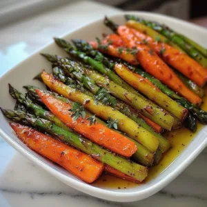 Delicious roasted carrots and asparagus on a plate, seasoned and ready to serve.